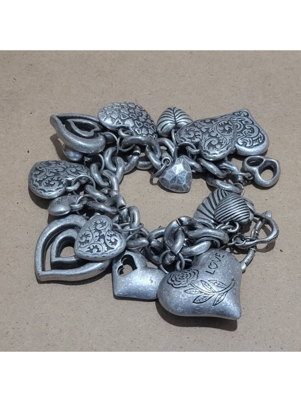 Chunky Silver Tone Charm Bracelet Multiple Puffed Heart Charms Varied Decorative